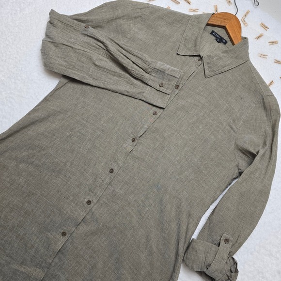 Eileen Fisher Tops - Eileen Fisher Womens Tunic Top Cotton Linen Blend‎ Olive Green Button Down